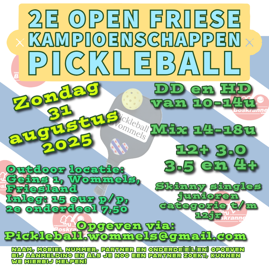 2e Open Friese Kampioenschappen Pickleball zondag 31 augustus 2025